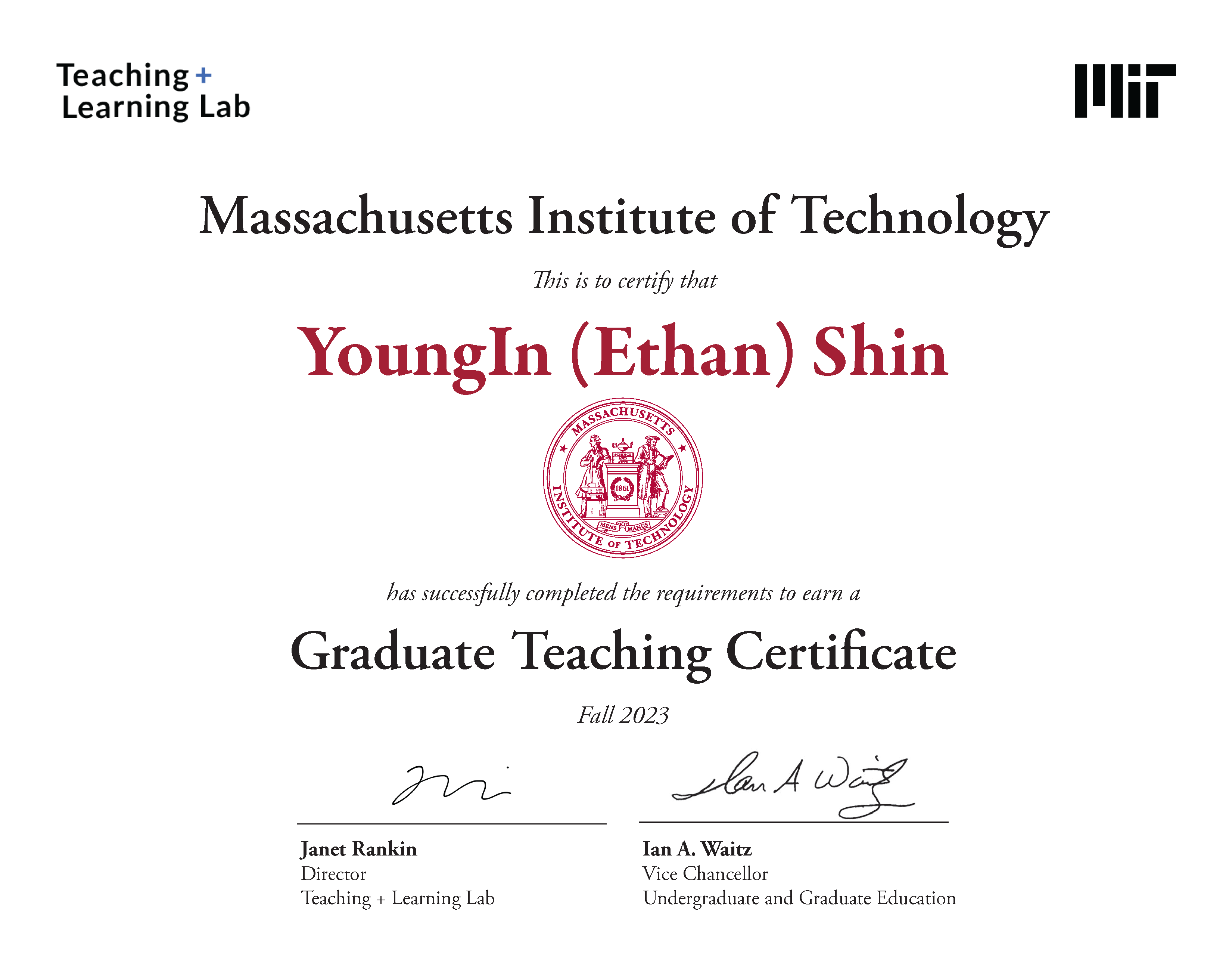 Graduate Teaching Certificate awarded in Fall 2023